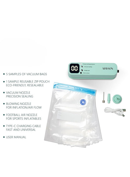 MAYSON 3-in-1 Cordless Portable Vacuum Sealer Machine — Rechargeable, Digital Display, Vacuum + Seal + Inflate Functions, USB-C Charging Orbitustore